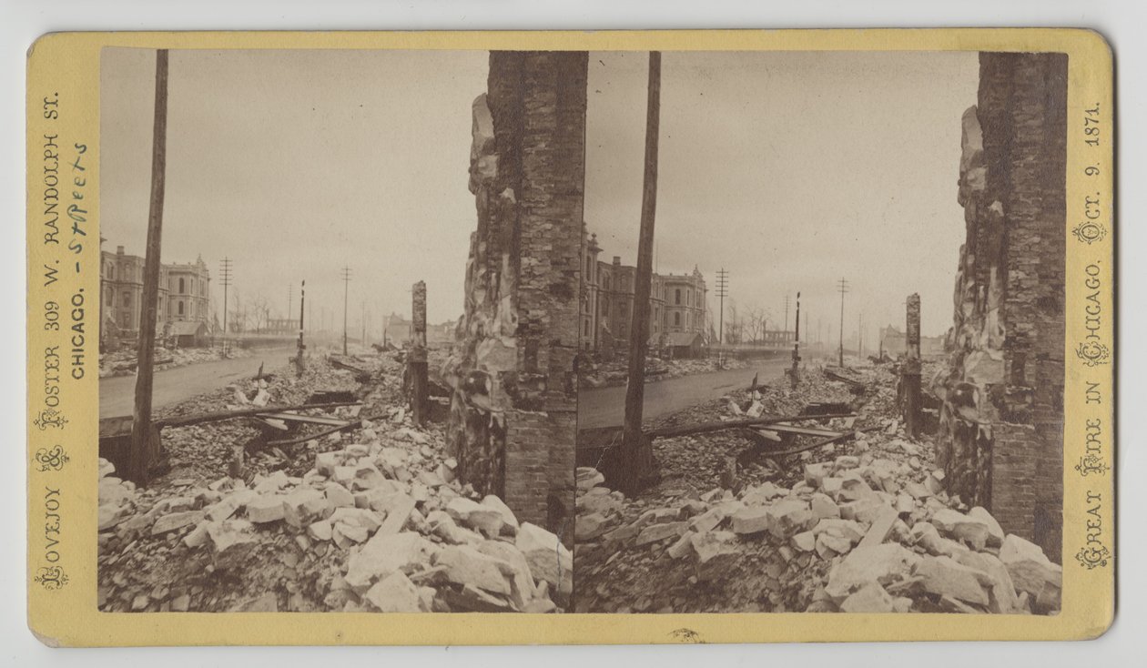 Stereofoto van Washington Street vanaf de hoek van LaSalle Street naar het oosten na de brand van Chicago in 1871, 1871 door George N. Barnard