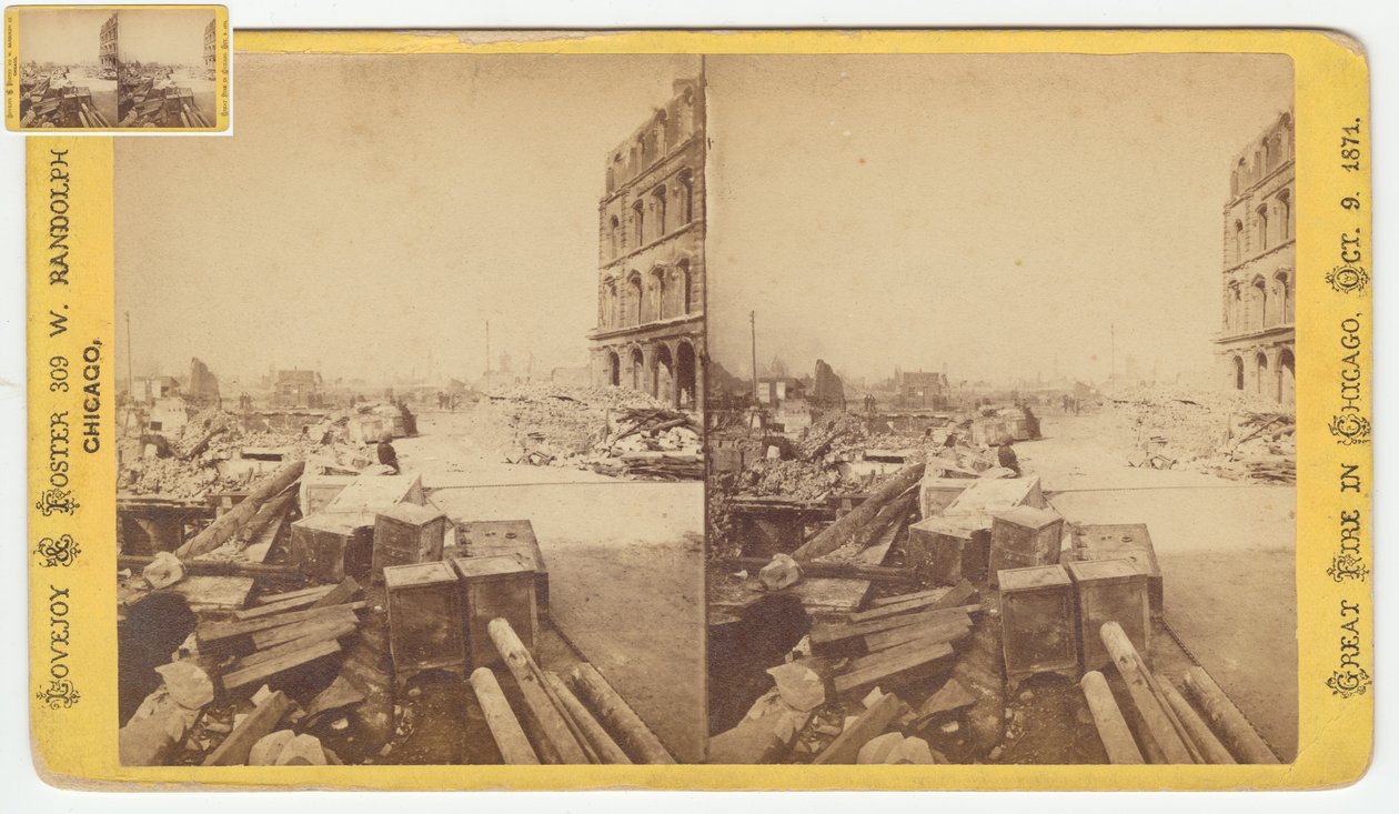 Stereofoto van kluizen uit de ruïnes op Dearborn Street na de brand van Chicago in 1871, 1871 door George N. Barnard