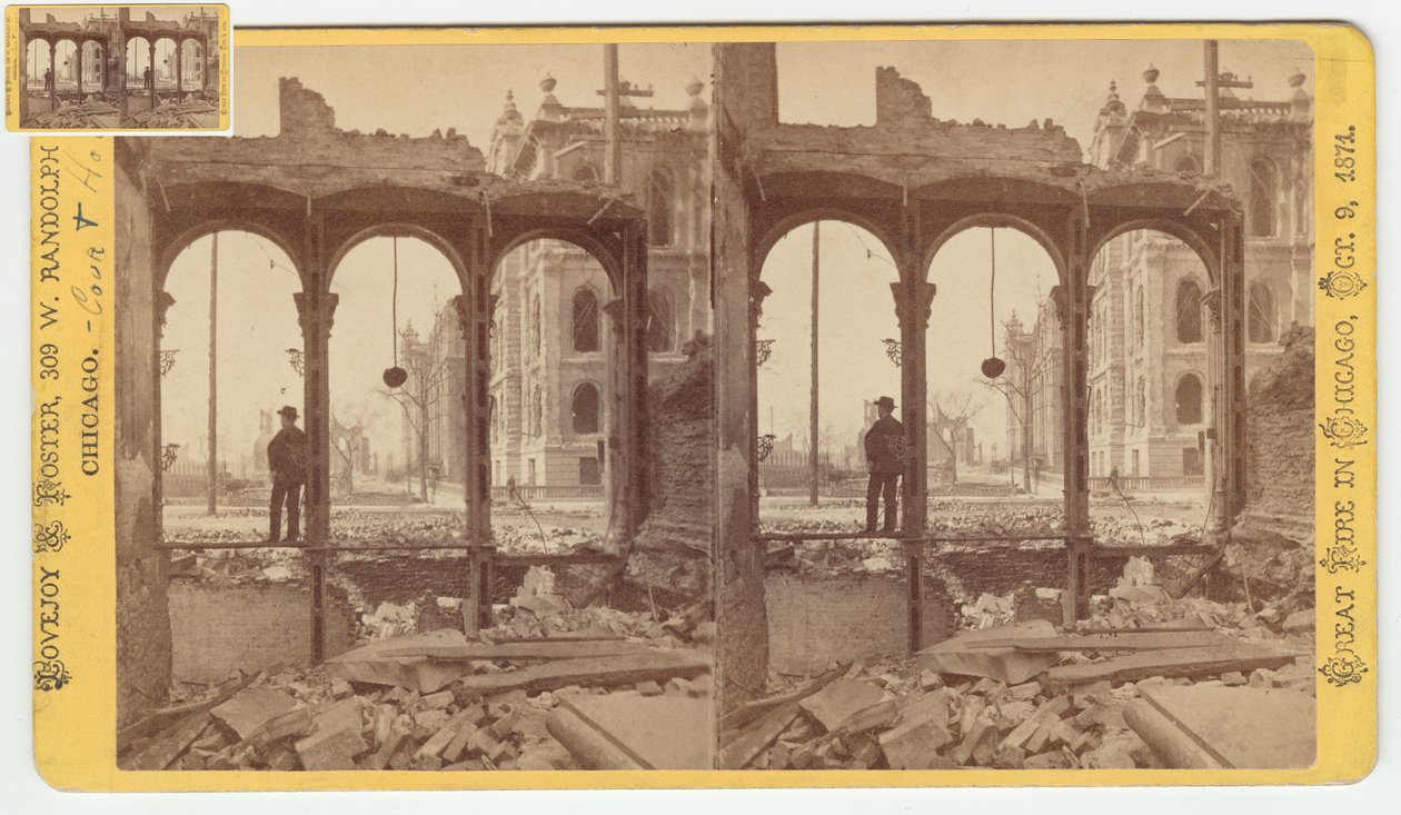 Stereofoto van het gerechtsgebouw gezien door de ruïnes van de oostkant van Clark Street na de brand van Chicago in 1871, 1871 door George N. Barnard