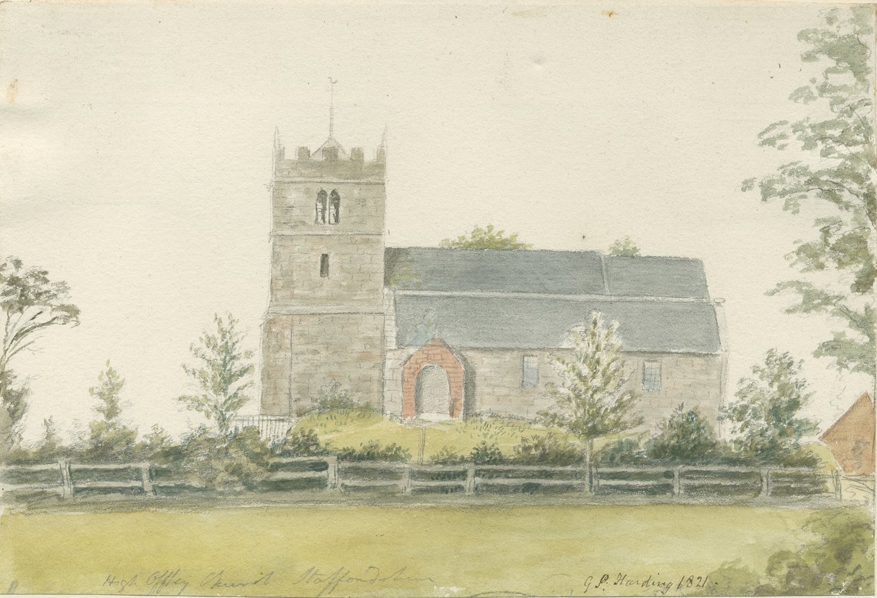 High Offley Kerk: Aquarel Schilderij, 1821 door George Perfect Harding