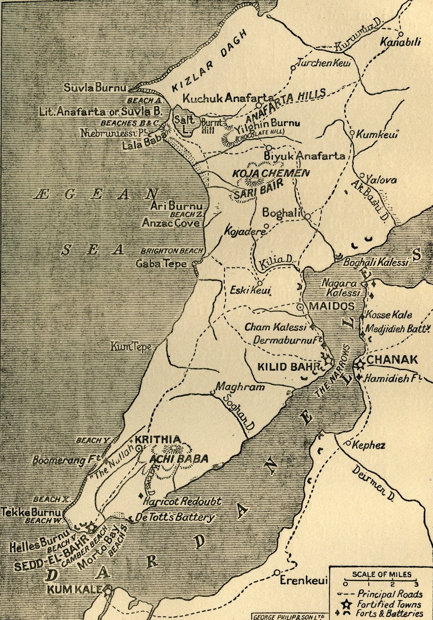 Kaart van het Gallipoli-schiereiland, 1919 door George Philip and Son Ltd