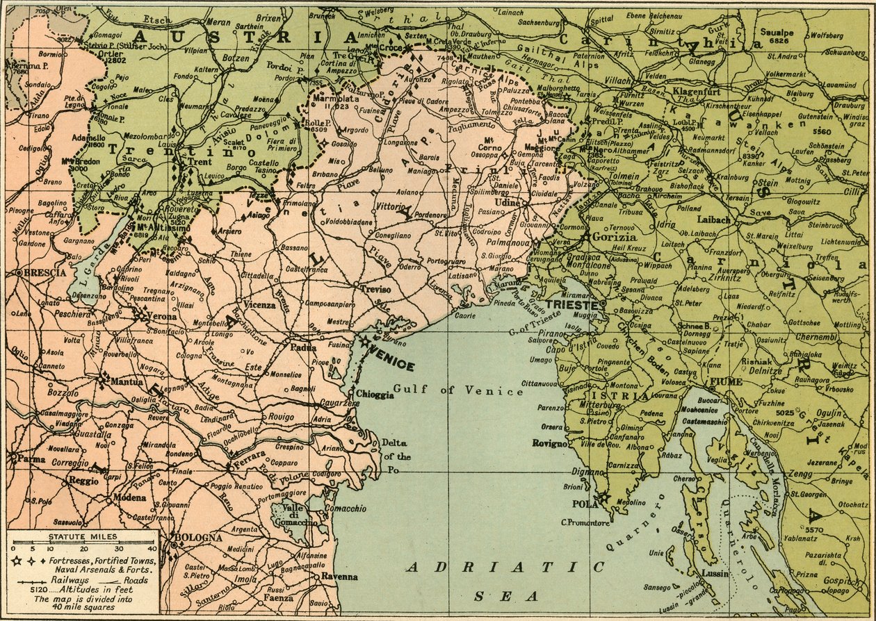 Kaart van het Italiaanse front, 1919 door George Philip and Son Ltd