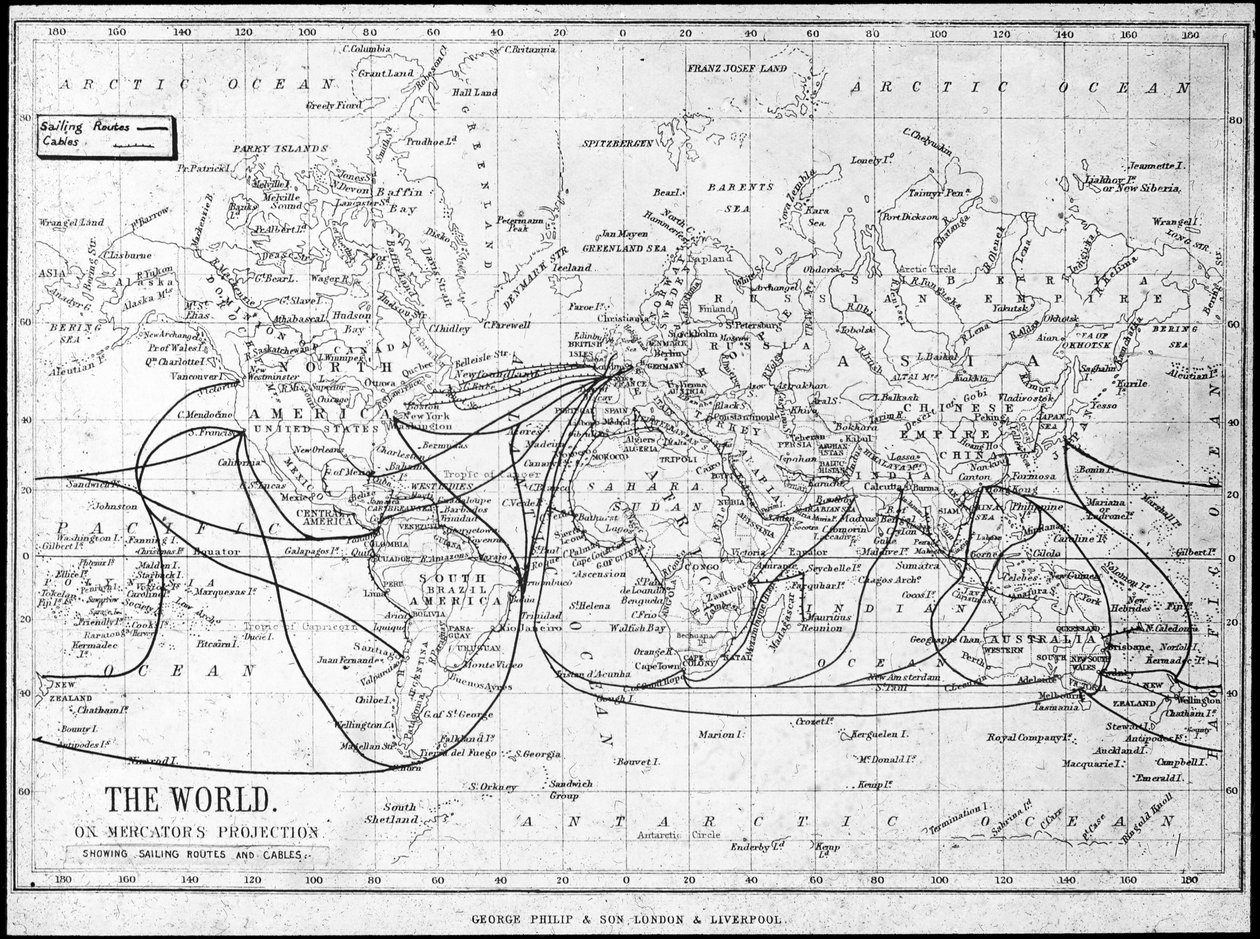 Kaart van de wereld met zeilroutes en telegraafkabels, c1893 door George Philip and Son Ltd