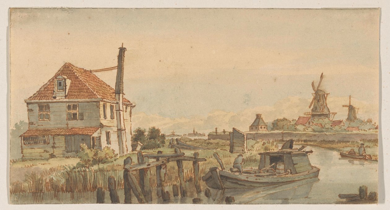 Vaart met een boot, een huis en twee molens door George Pieter Westenberg