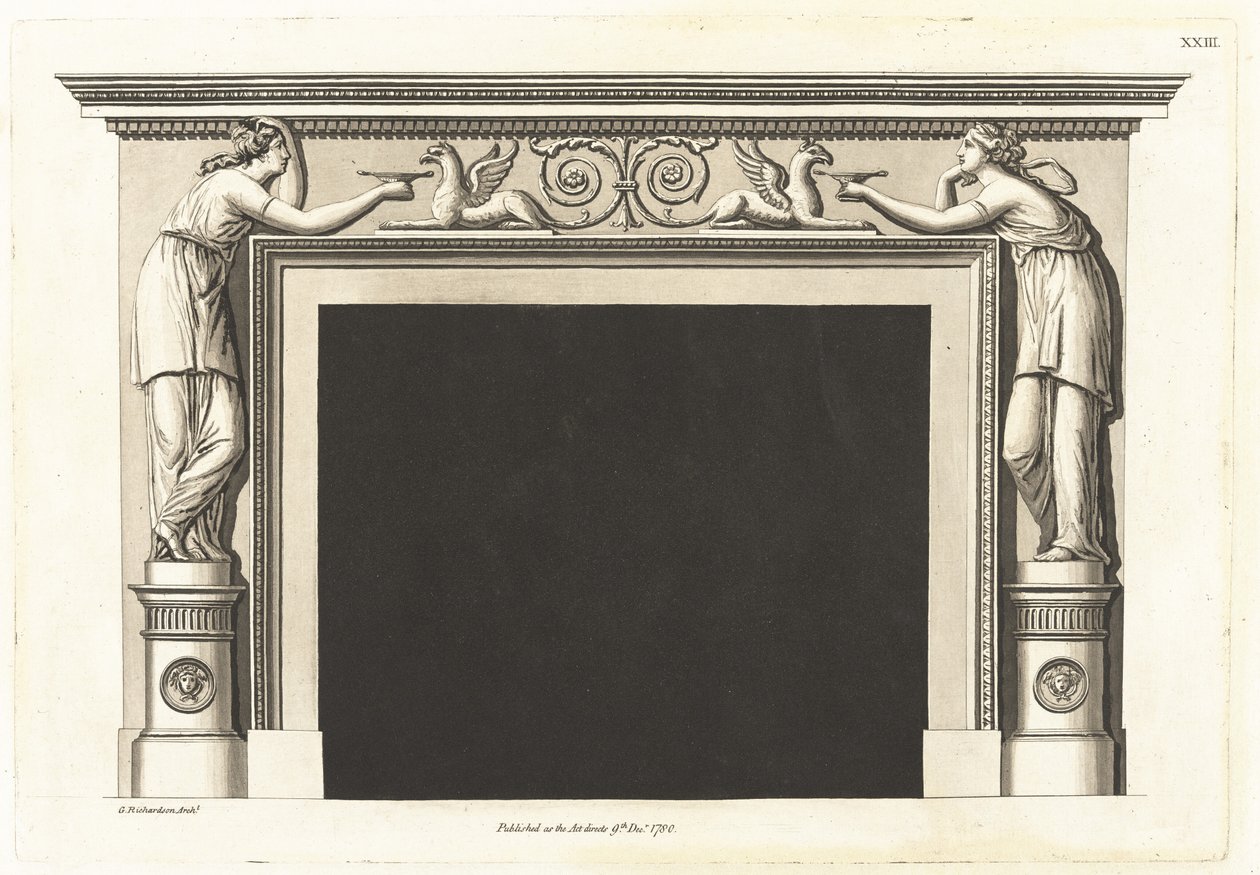 Een nieuwe collectie schoorsteenstukken, versierd in de stijl van de Etruskische, Griekse en Romeinse architectuur; Bevat zesendertig ontwerpen geschikt voor de meest elegante appartementen door George Richardson