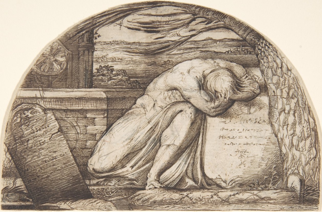 Een figuur die huilt boven een graf door George Richmond