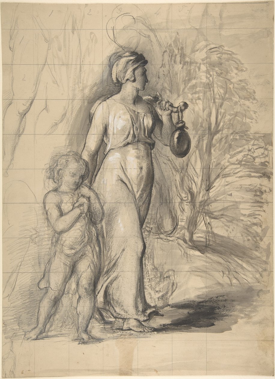 Hagar en Ismaël in de wildernis (recto); twee portretstudies van de vrouw van de kunstenaar en een studie van een been en romp (verso) door George Richmond