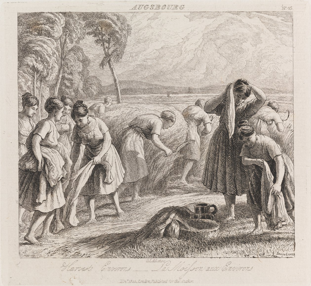 Oogst, Augsbourg, ca. 1821 (ets) door George Robert Lewis