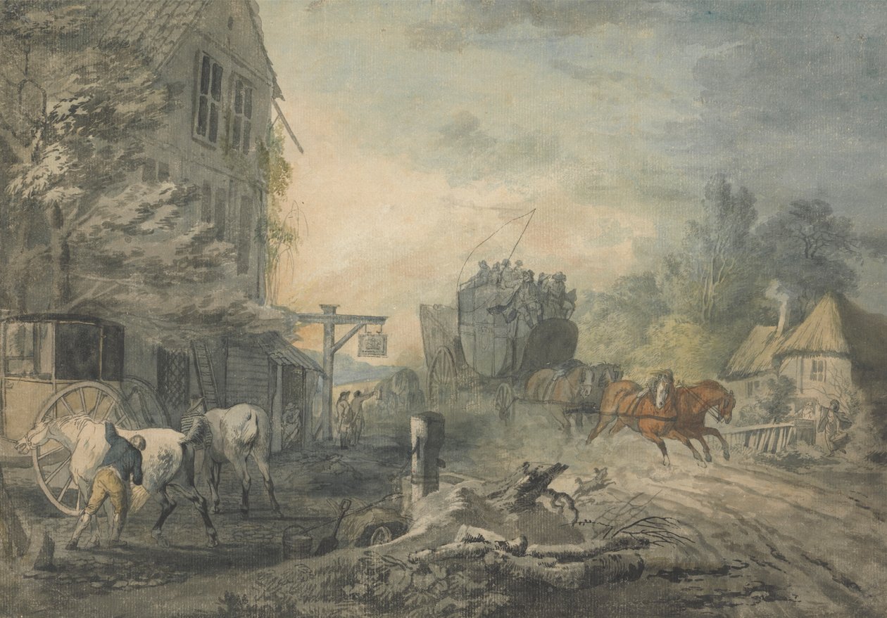 Een Postkoets en Vier Paarden Door een Dorp op de Bath-London Weg door George Robertson