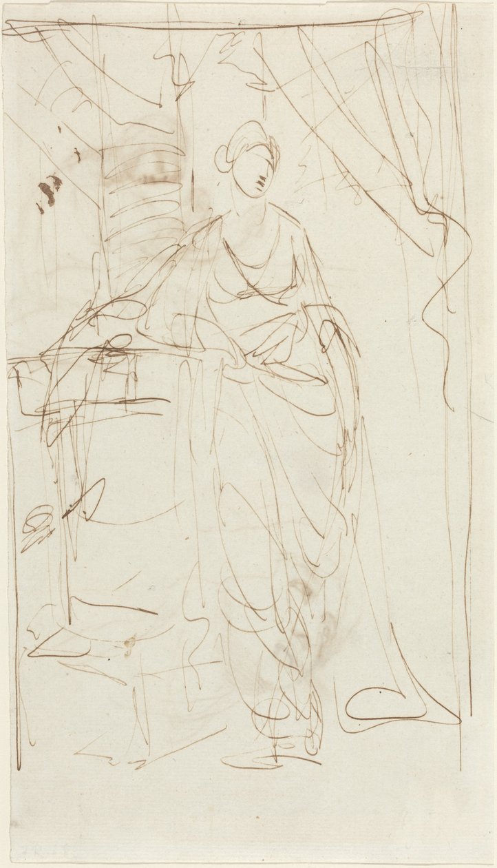 Een elegante dame in klassieke kleding [voorkant] door George Romney