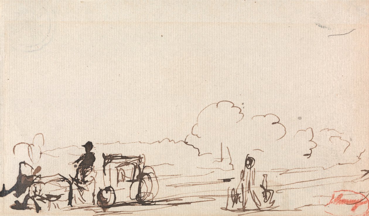 Huifkar op landweg door George Romney