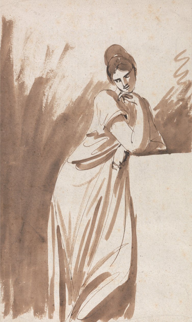 Dame die op een sokkel leunt (mogelijk een schets voor „Miss Woodley”) door George Romney
