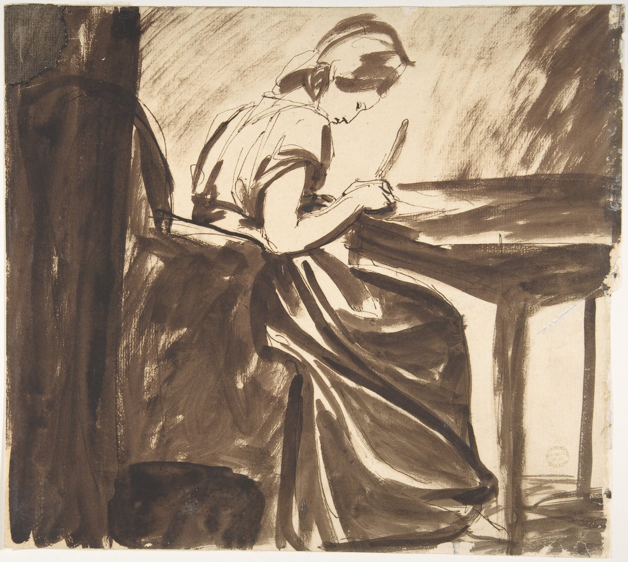 Dame zittend aan een tafel (voorkant); Dansende figuren (achterkant) door George Romney