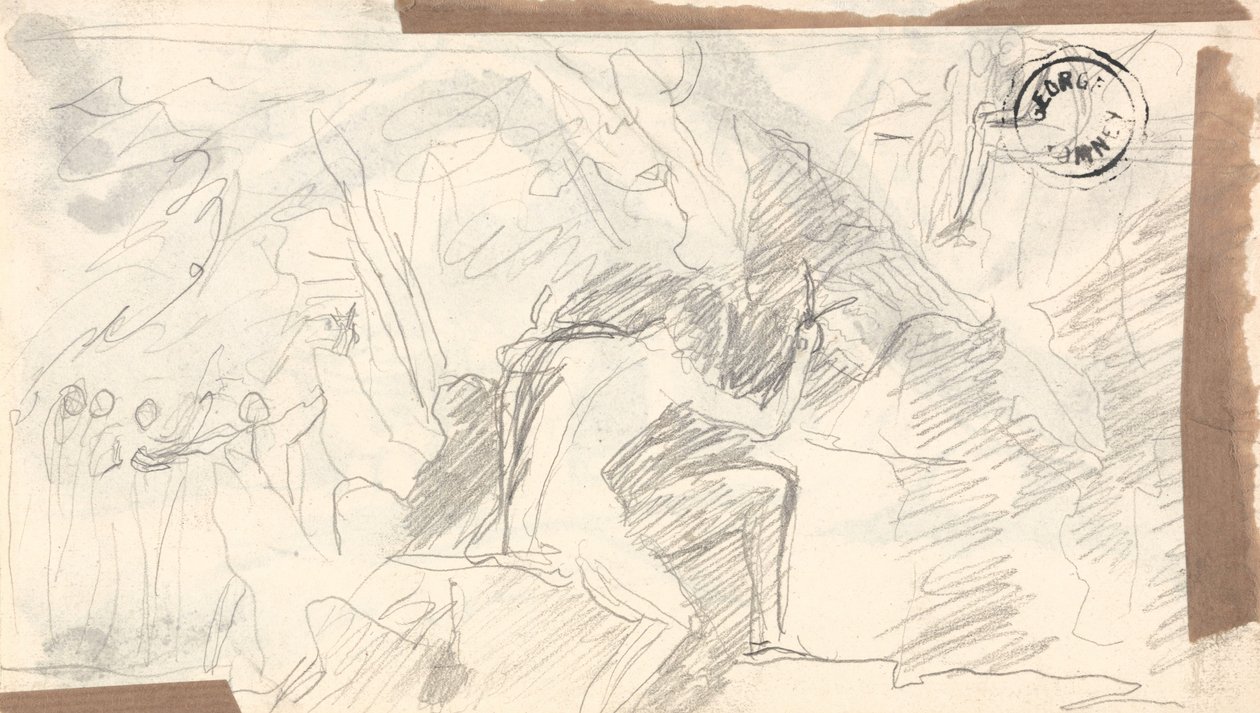 Naakte man in een rotsachtige wildernis met figuren in de verte door George Romney