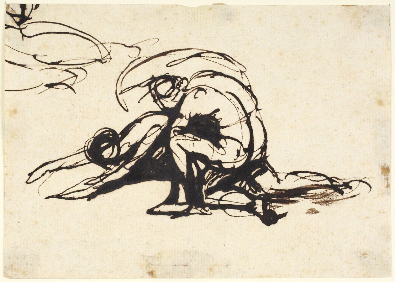 Naaktfiguur die vooroverbuigt boven een gevallen figuur door George Romney