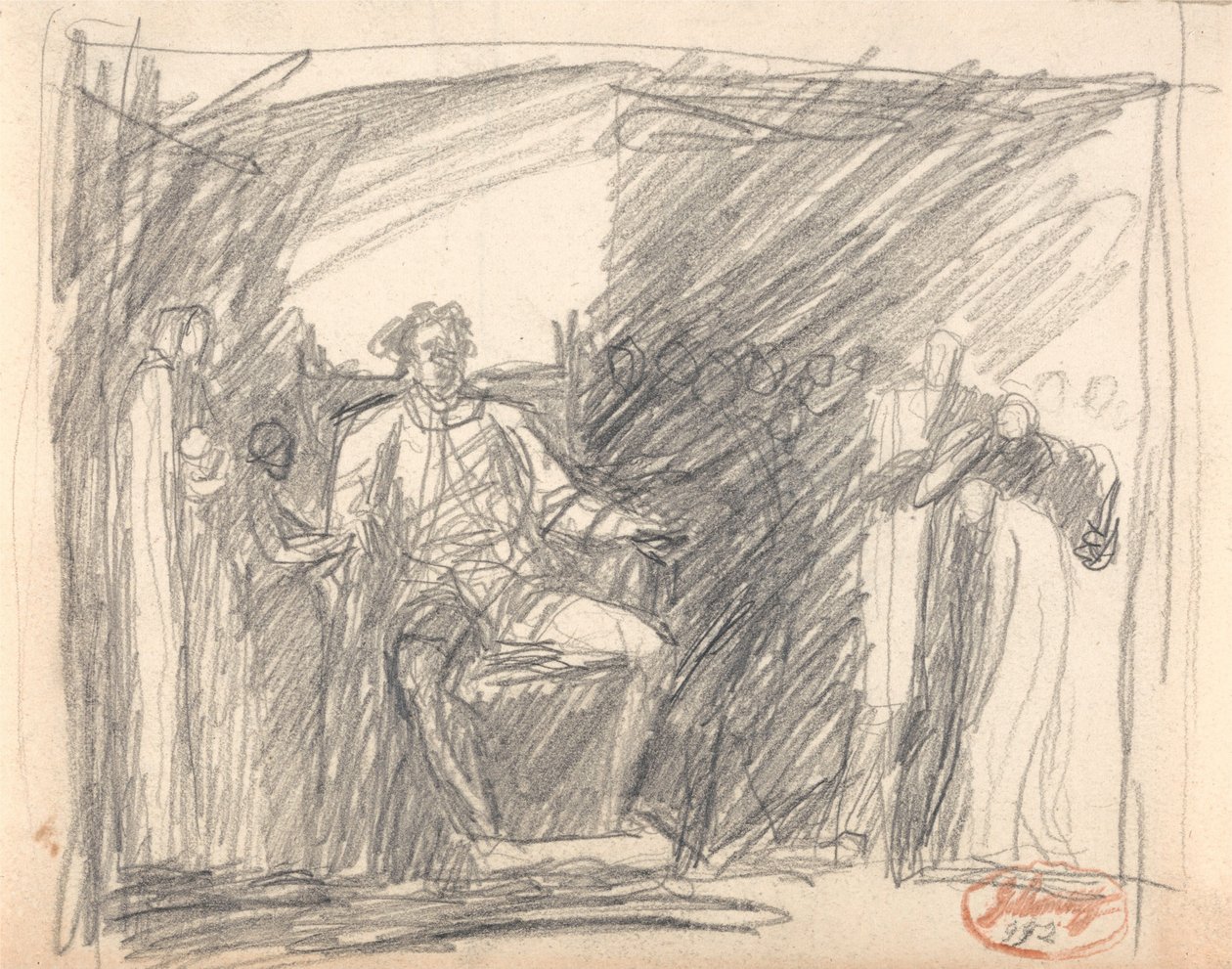 Zittende figuur, omringd door bedienden door George Romney