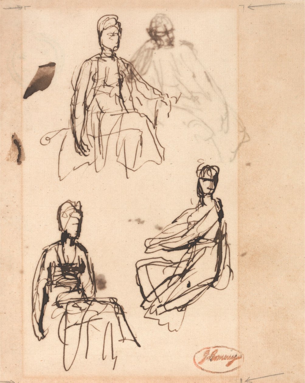 Zittende vrouw: drie studies door George Romney