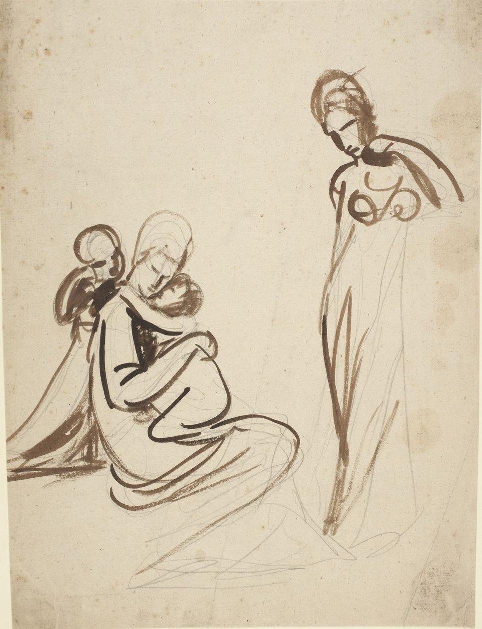 Zittende vrouw met twee kinderen en een staande vrouw door George Romney