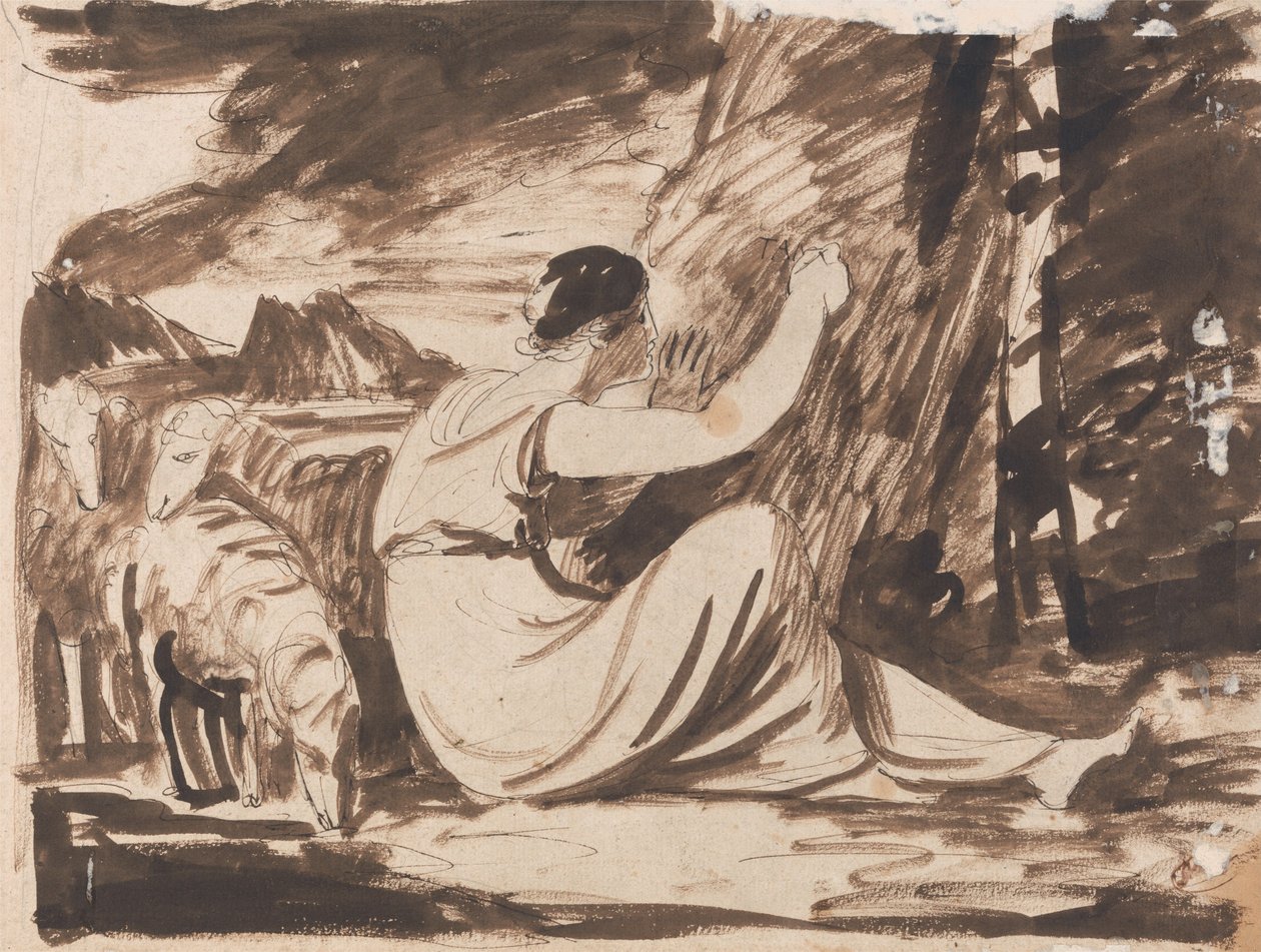 Herderin die een inscriptie in een boom kerft door George Romney
