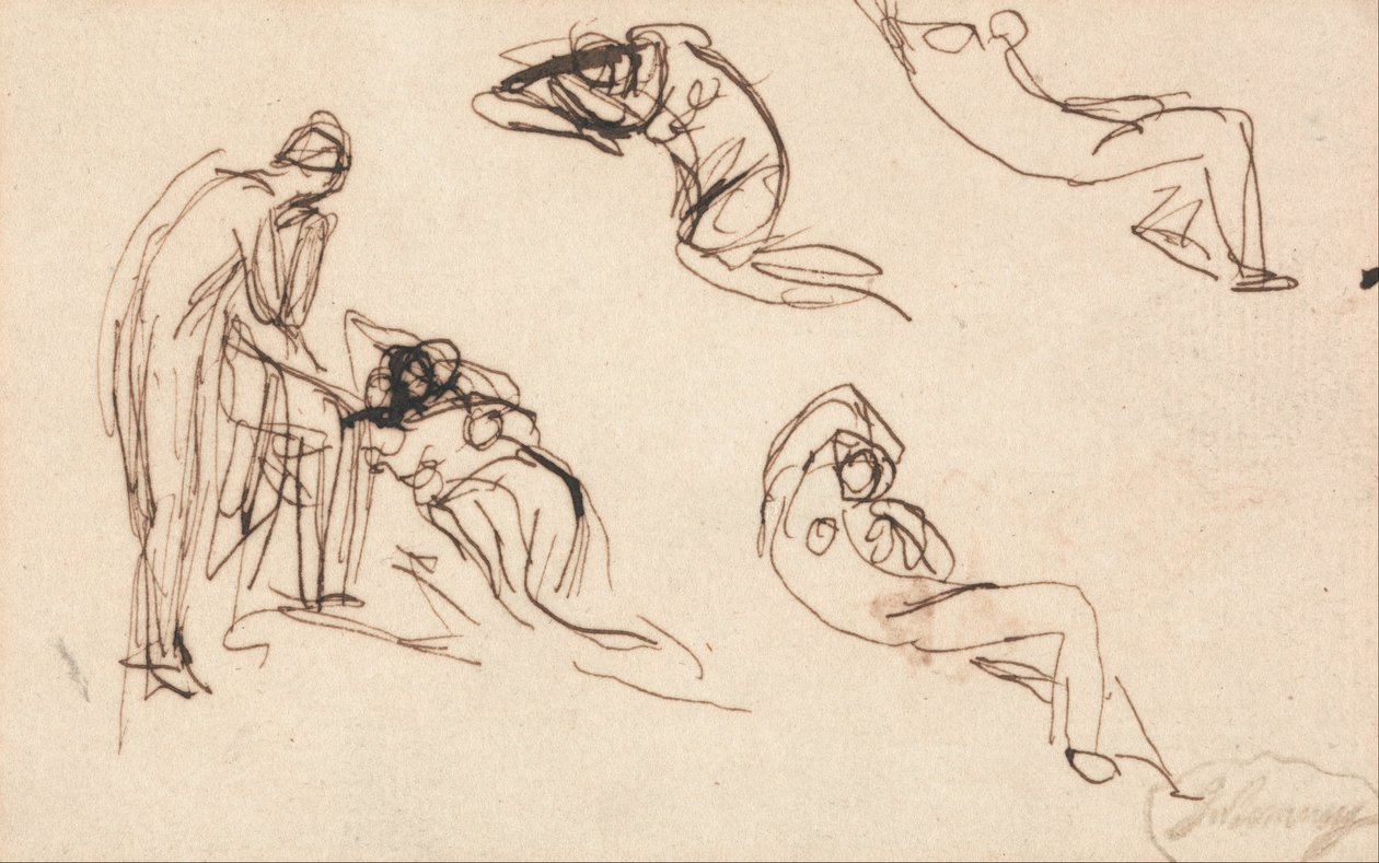 Staande figuur en vier liggende figuren door George Romney