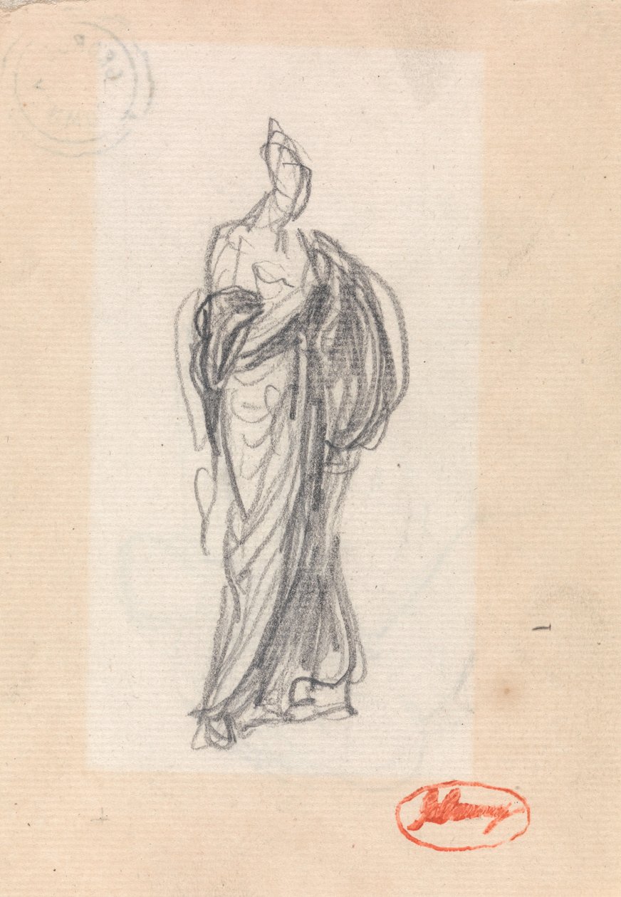 Staande vrouw met klassiek gordijn door George Romney