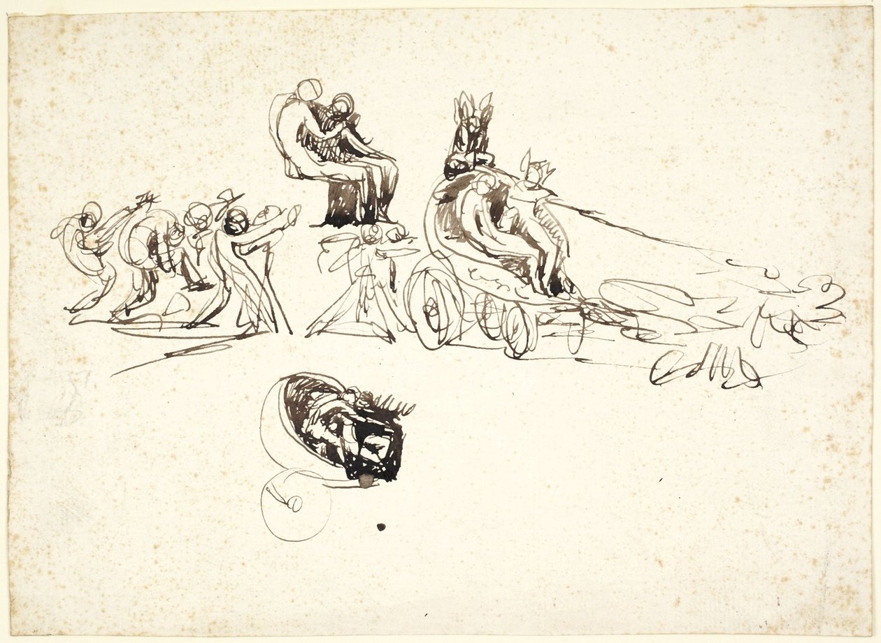 Onderzoek naar een strijdwagen met twee figuren binnenin en andere figuren erachter door George Romney