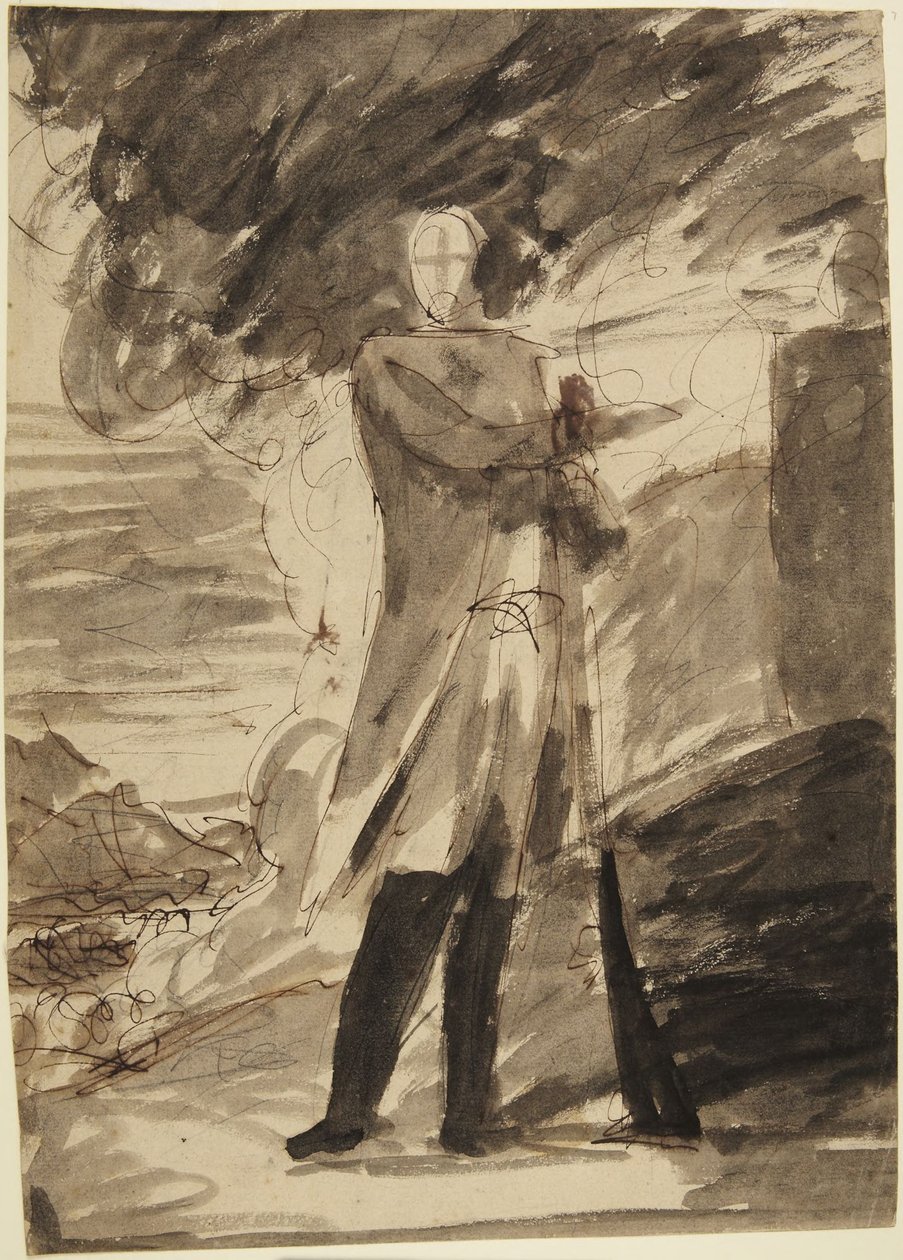 Studie voor een portret ten voeten uit van een man met een pistool in zijn hand door George Romney