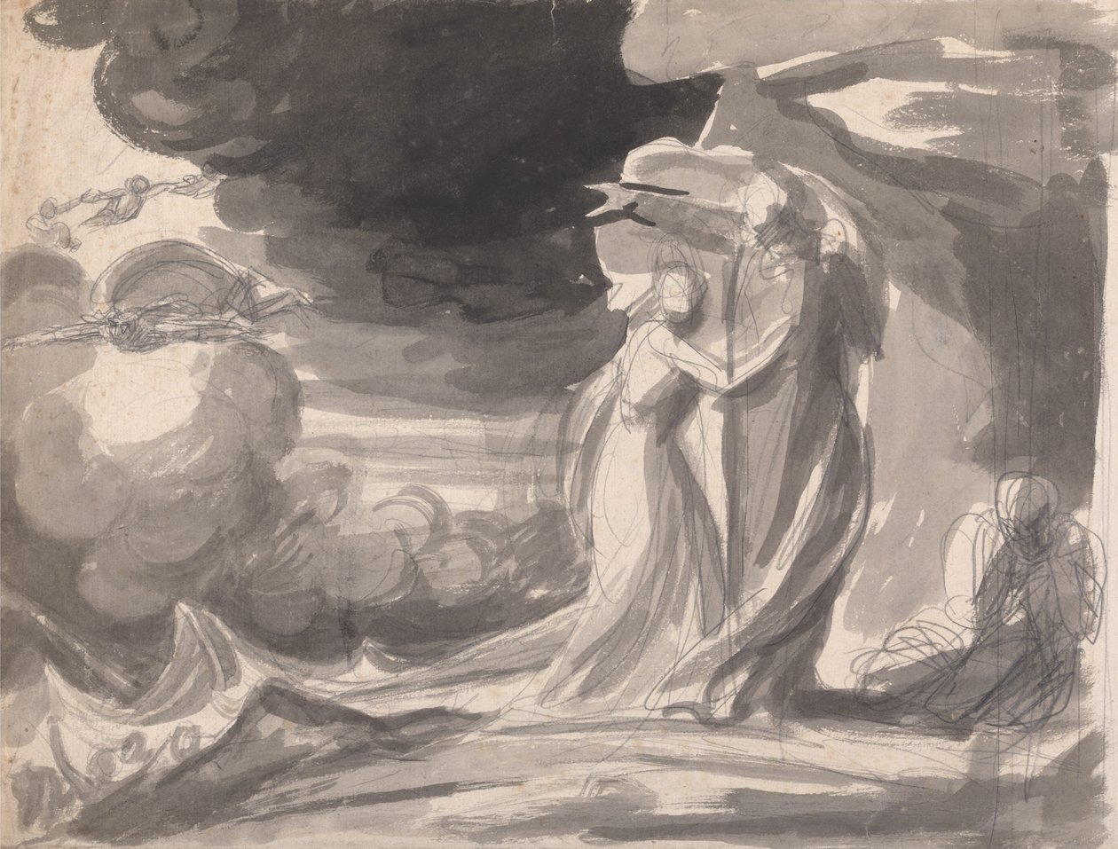 Studie voor de schipbreukscène uit *The Tempest*: Prospero en Miranda door George Romney