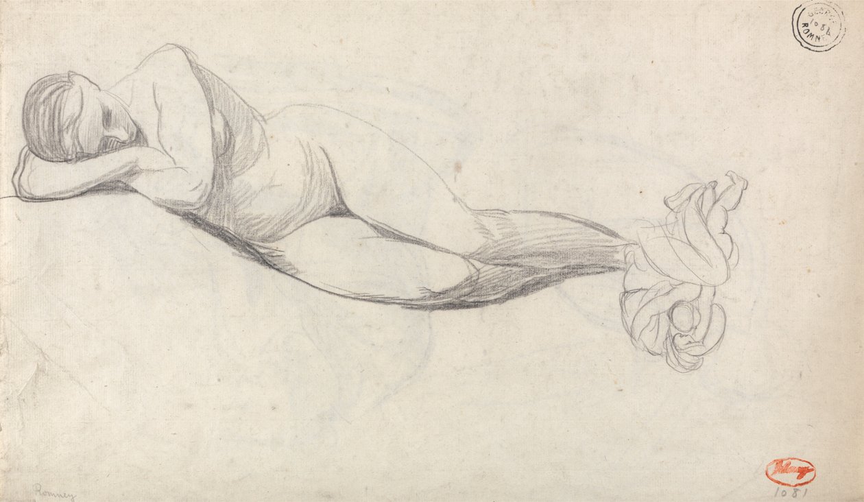 Studie naar een liggend naakt en een zittende vrouw die door een kind wordt getroost door George Romney