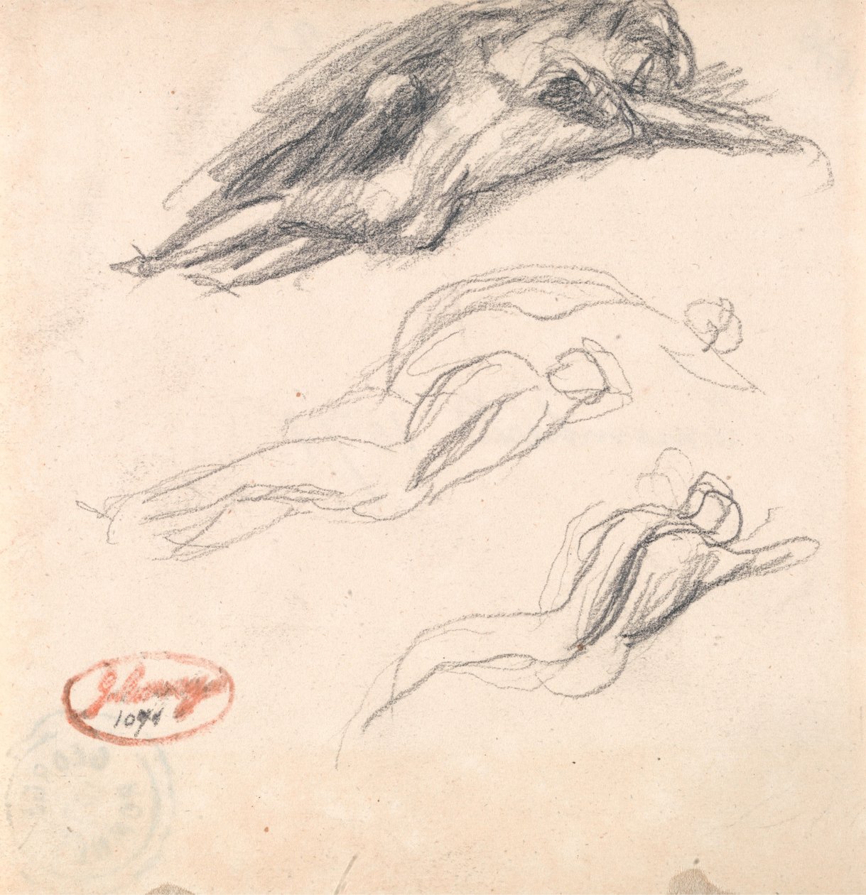 Drie schetsen van een slapende figuur, waarschijnlijk Adam en Eva, voor het werk „Satan ontdekt bij het oor van Eva” door George Romney