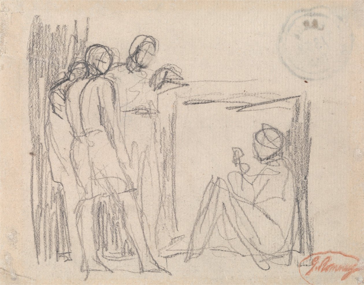 Drie staande figuren voor een zittende figuur door George Romney