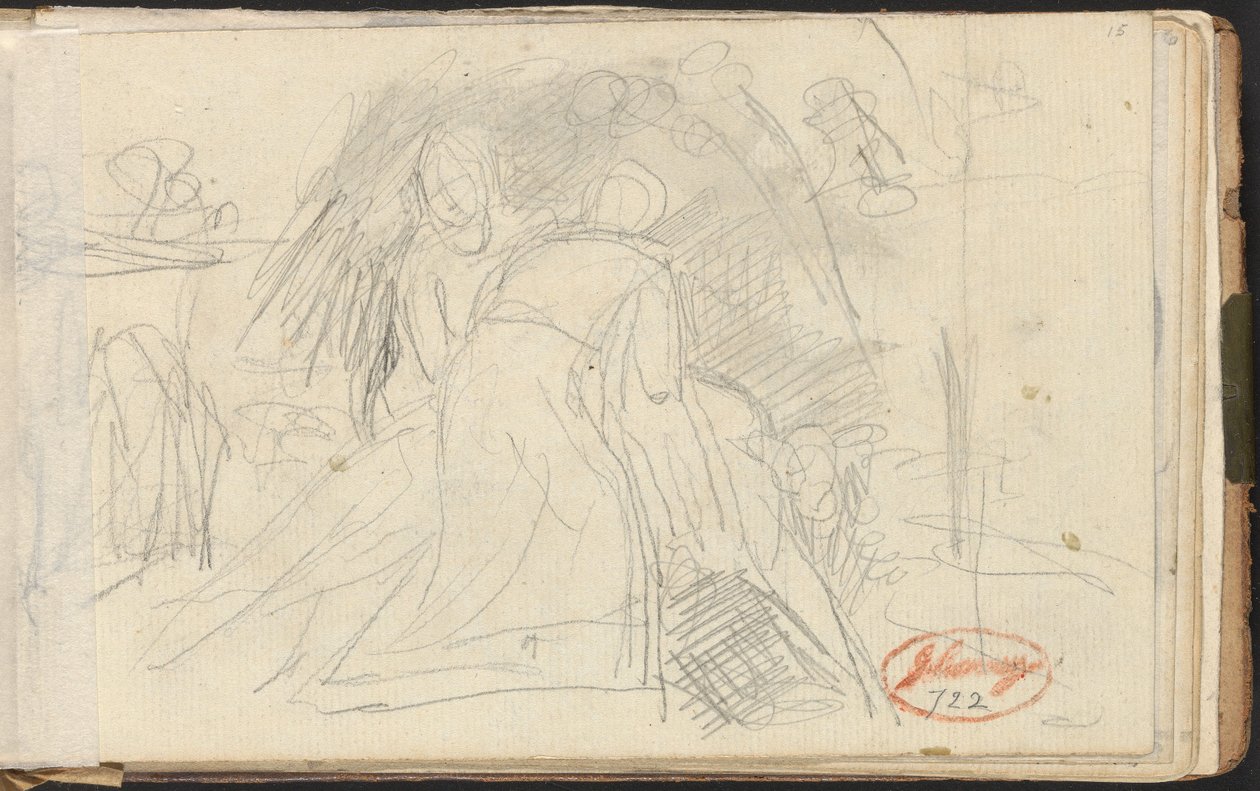 Twee figuren die een liggende figuur optillen door George Romney