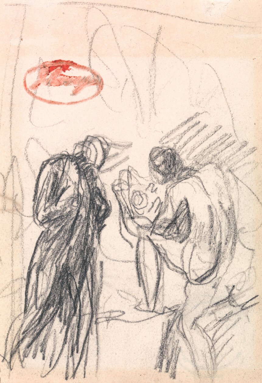 Twee figuren, waarvan één mannelijk naakt dat knielt door George Romney