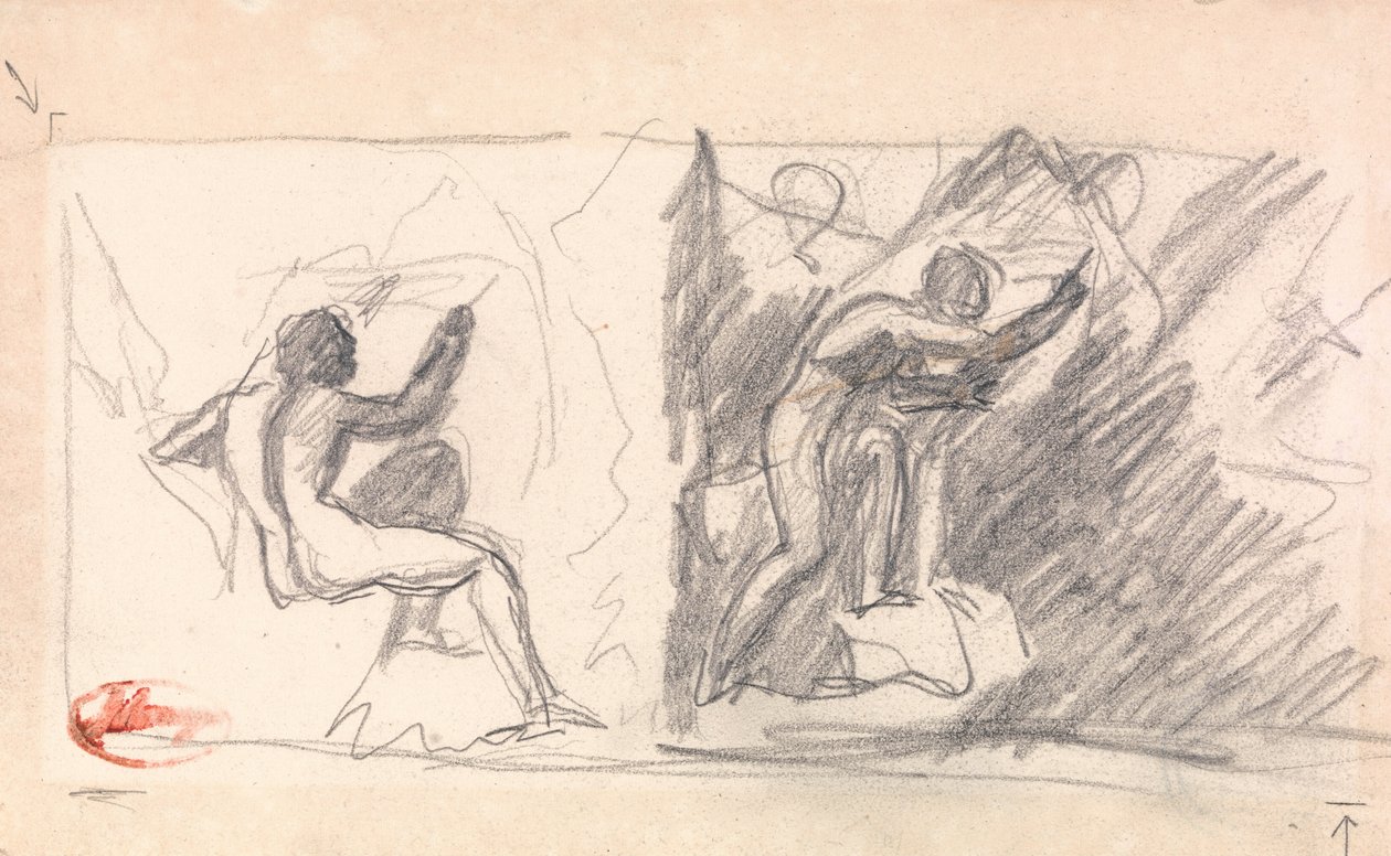 Twee schetsen: Zittend mannelijk naakt, achteraanzicht; staande figuur, gebarend door George Romney