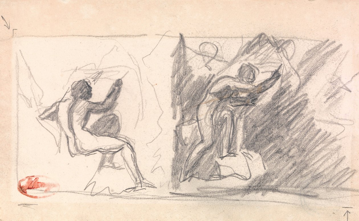 Twee schetsen: Zittend mannelijk naakt, achteraanzicht; Staande figuur, gebarend door George Romney