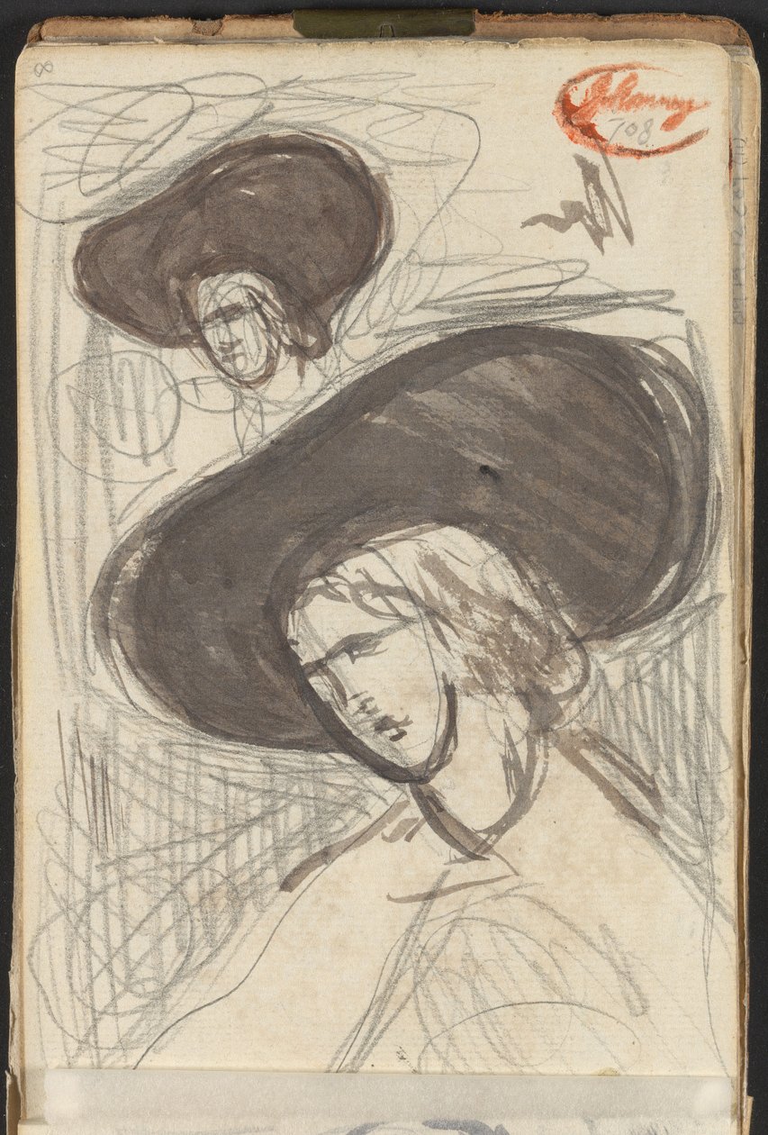 Twee schetsen van een dame met hoed door George Romney