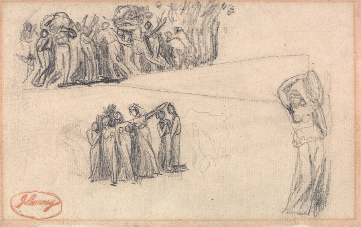 Twee schetsen van vluchtende vrouwen en kinderen en een staande vrouwenfiguur die tamboerijn speelt, als voor Lady Anne Leveson in „Dancing Gower Children” door George Romney