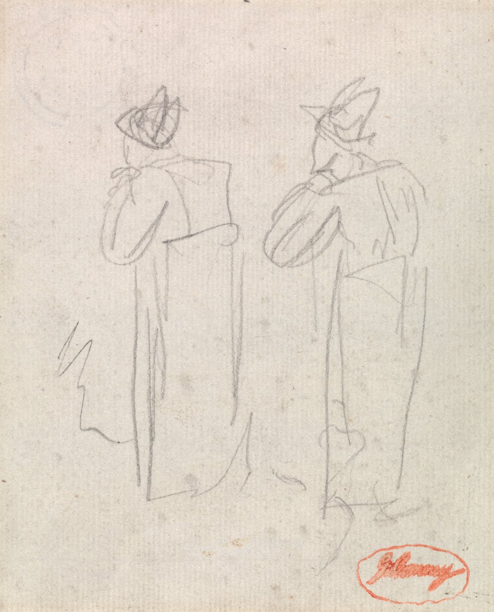 Twee staande figuren met hoge hoeden door George Romney