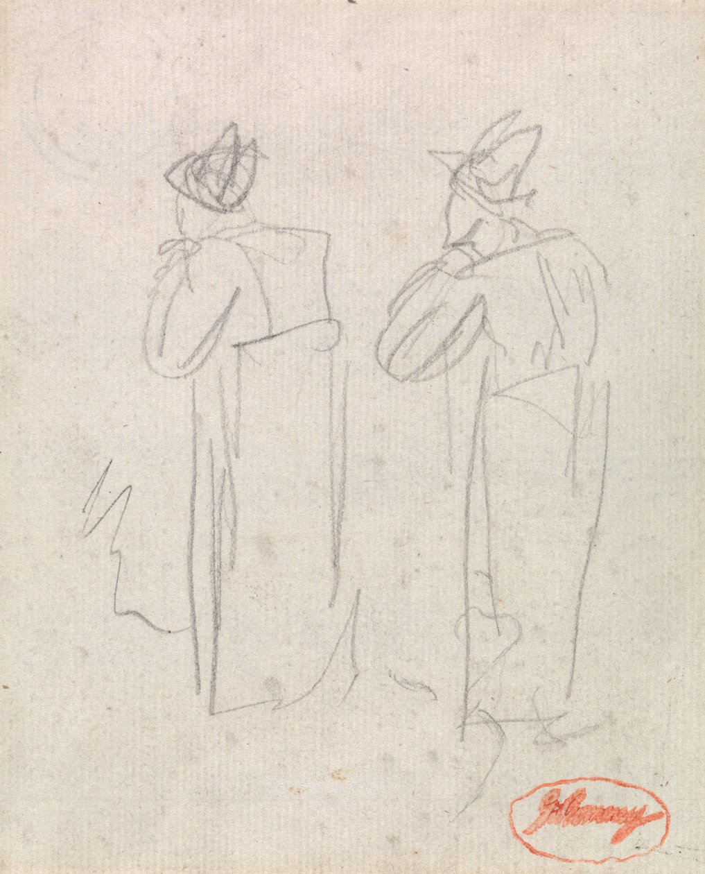 Twee staande figuren met hoge hoeden door George Romney