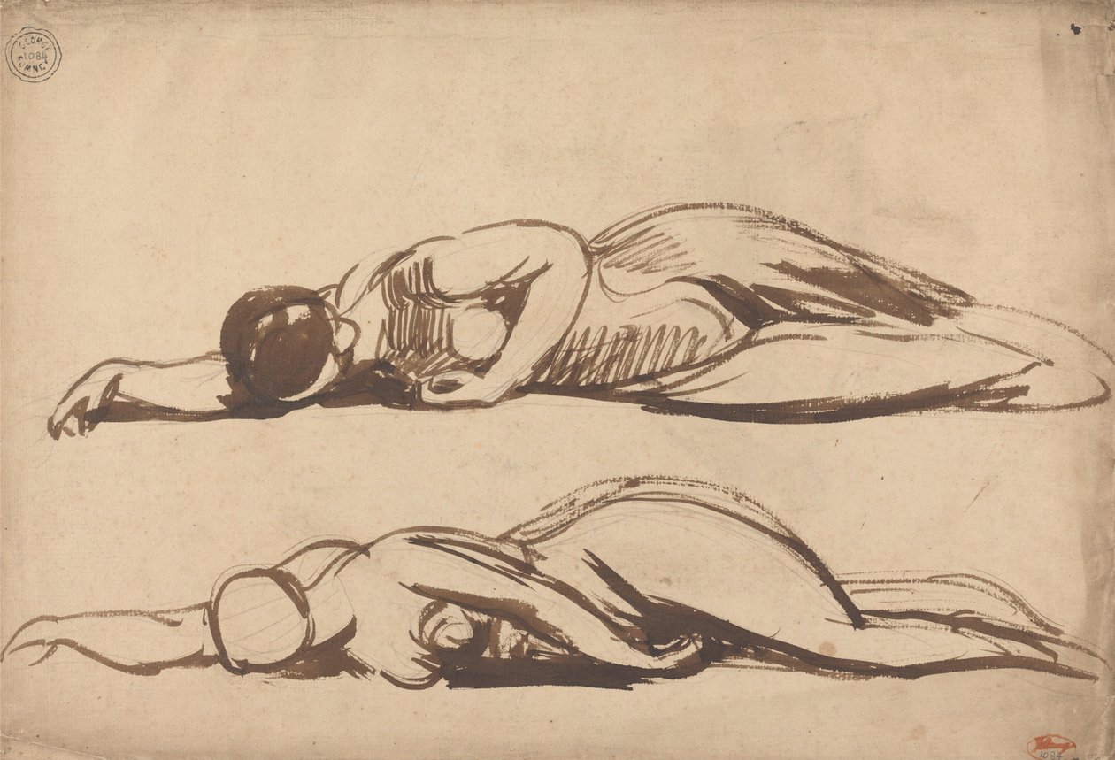 Twee studies van een liggende vrouw, mogelijk Sint-Cecilia door George Romney