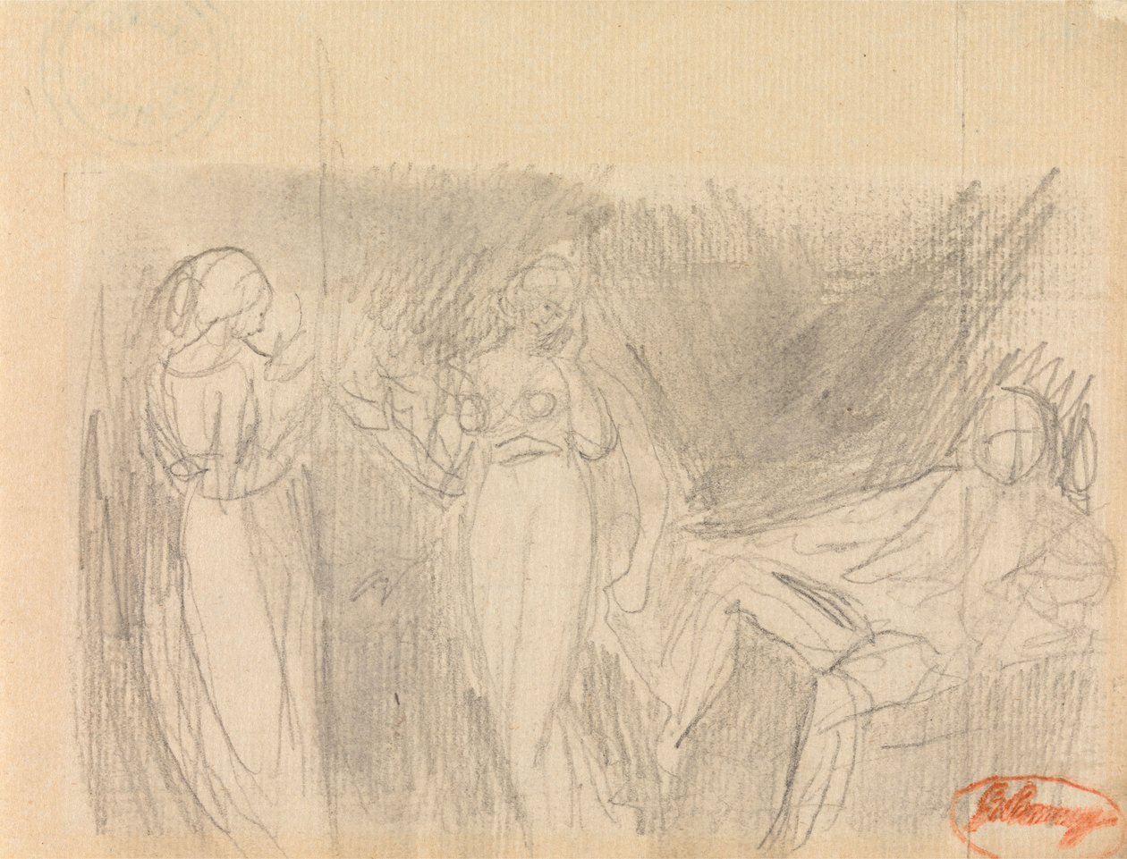 Twee vrouwen en een zittende man door George Romney