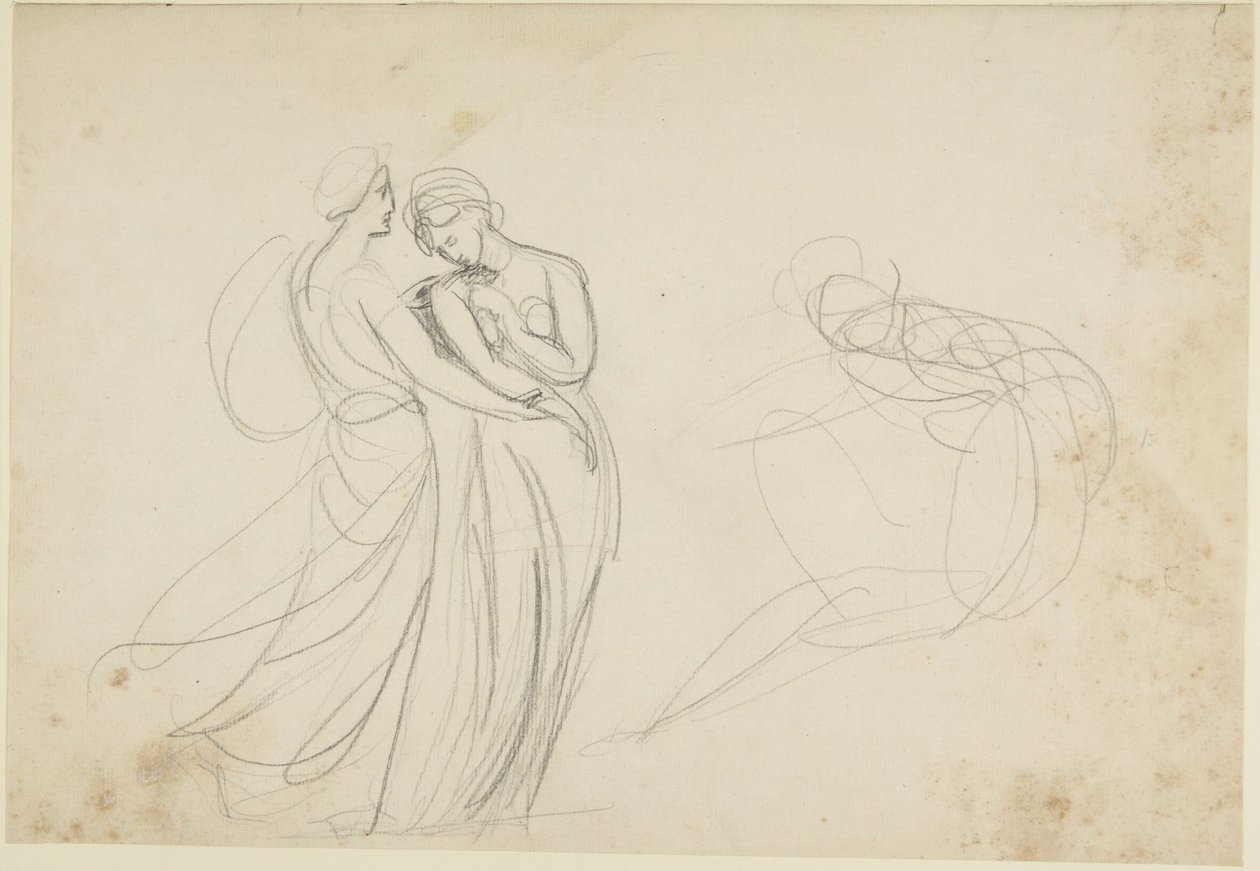 Twee vrouwelijke figuren voor een zittende figuur, studie voor ‘Twee meisjes die een waarzegger raadplegen’ door George Romney