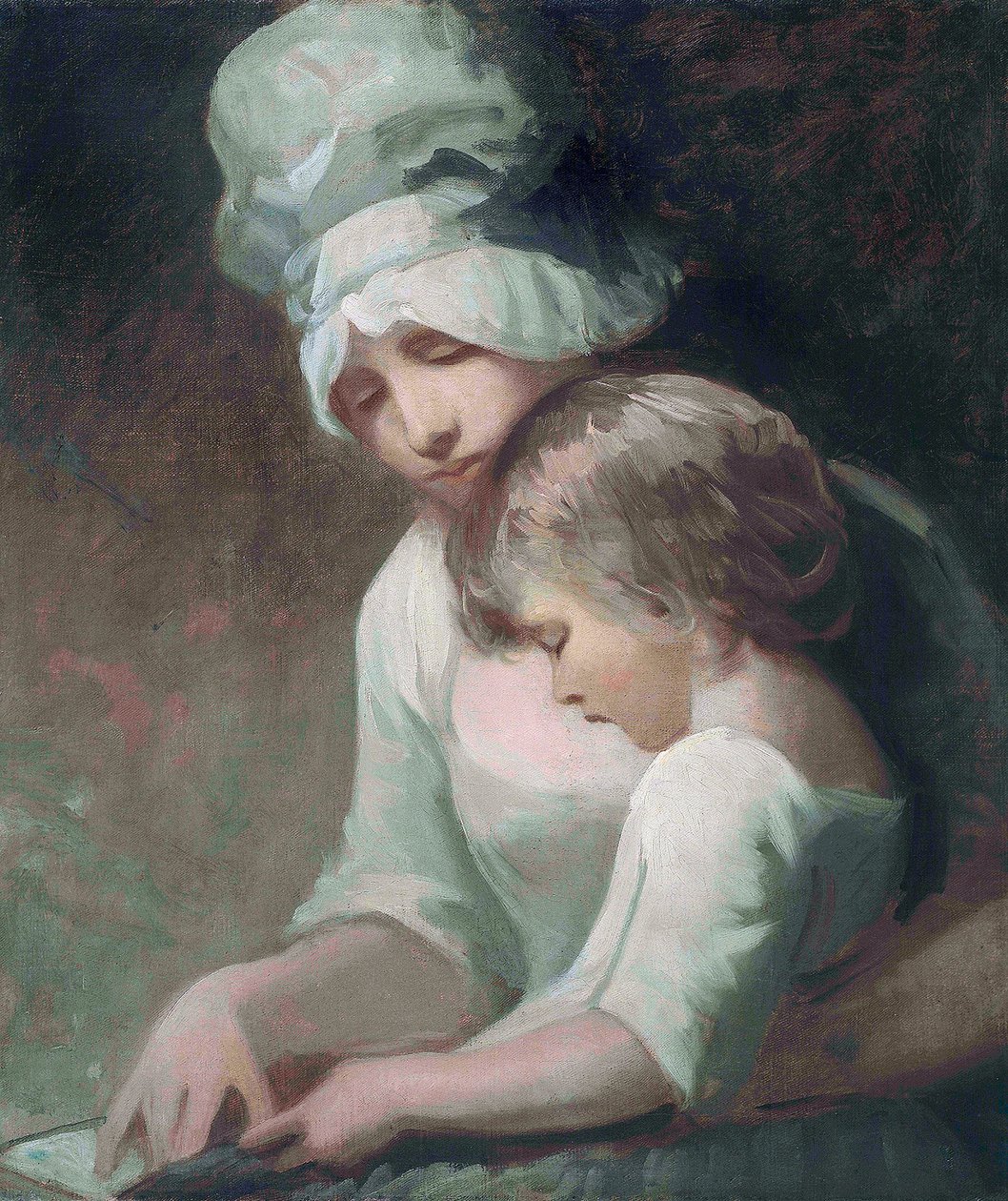 Een moeder en kind lezen (detail) door George Romney