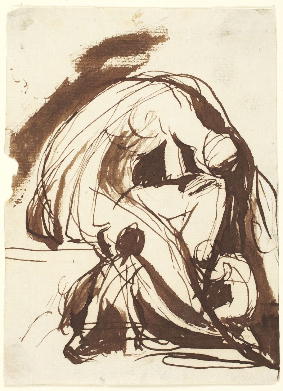 Verdrietige vrouw met twee kinderen door George Romney