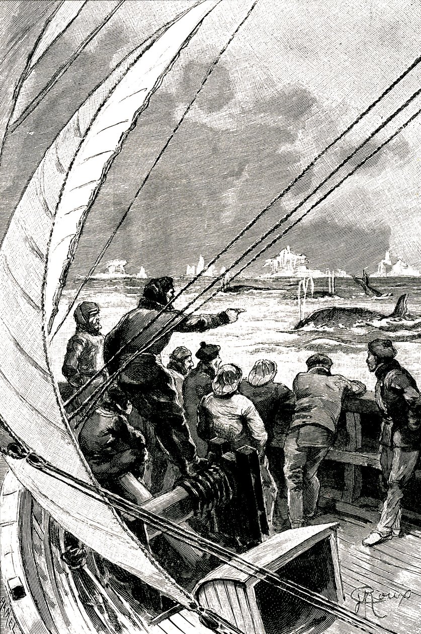 Op zee richting de Pool: de bemanning van een schip (zeilboot) ziet een groep walvissen. Illustratie van de roman door Jules Verne (1828-1905) 