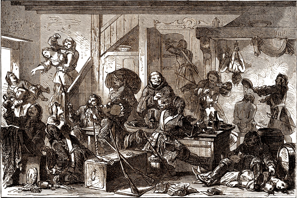 Dragonnades: vervolgingen gericht tegen de protestantse gemeenschappen van het Koninkrijk Frankrijk tijdens de jaren 1680. 19e eeuw (gravure) door George Roux