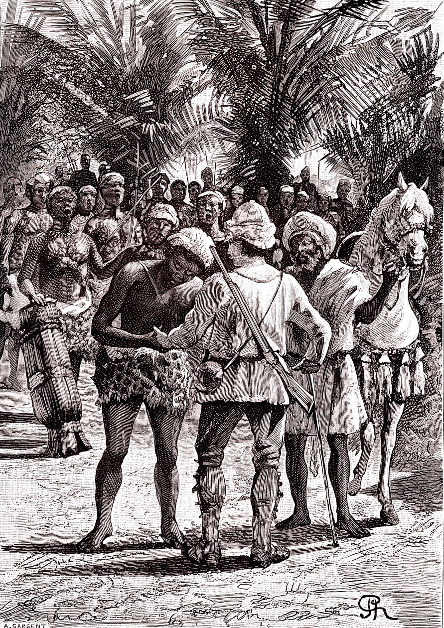 Ontdekkingsreiziger in de grote meren in Soedan. 1888 (gravure) door George Roux