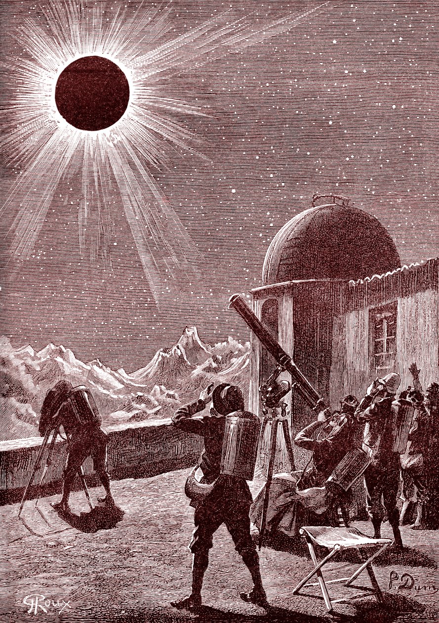 Ontdekkingsreizigers in de Afrikaanse woestijn kijken naar de zonsverduistering. 1888 (gravure) door George Roux