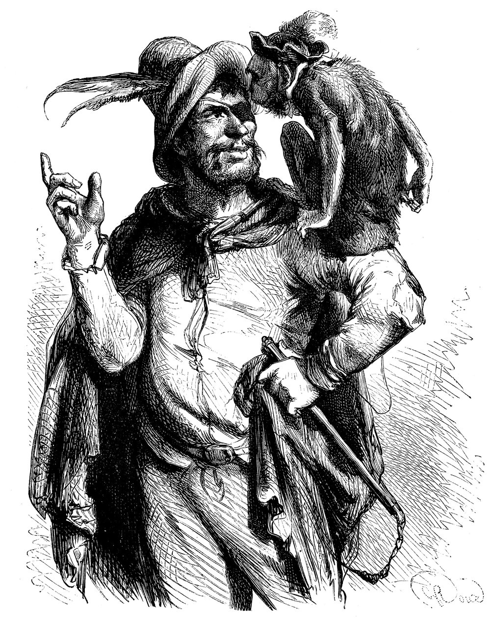 Illustratie door George Roux (1853-1929) voor de Don Quichot van Cervantes: Meester Peter en zijn aap - de aap in de literatuur - door George Roux