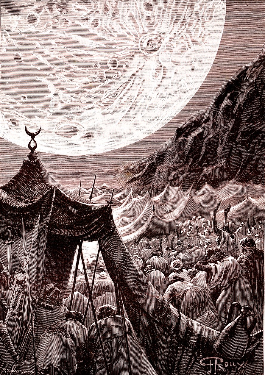 De maan in de woestijn van Nubië, SUDAN. Moslims bidden. 1888 (gravure) door George Roux